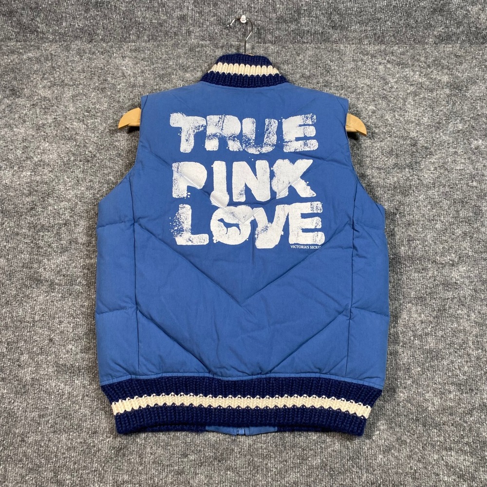 Victorias Secret PINK Blue Down Puffer Vest Varsity Graphic 86 XS/S